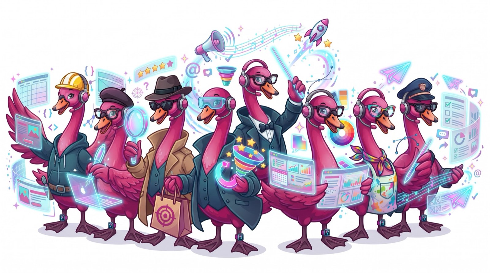 A team of illustrated pink swan assistants in headsets, each dressed for a different job, working with floating screens, charts and messages