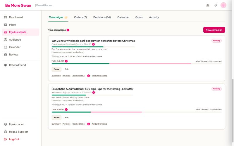 Two running marketing campaigns, each with a goal, progress towards it and a task budget