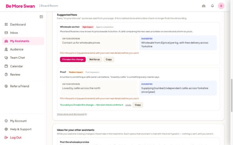 Suggested website fixes, each comparing the wording on the site now with a stronger version