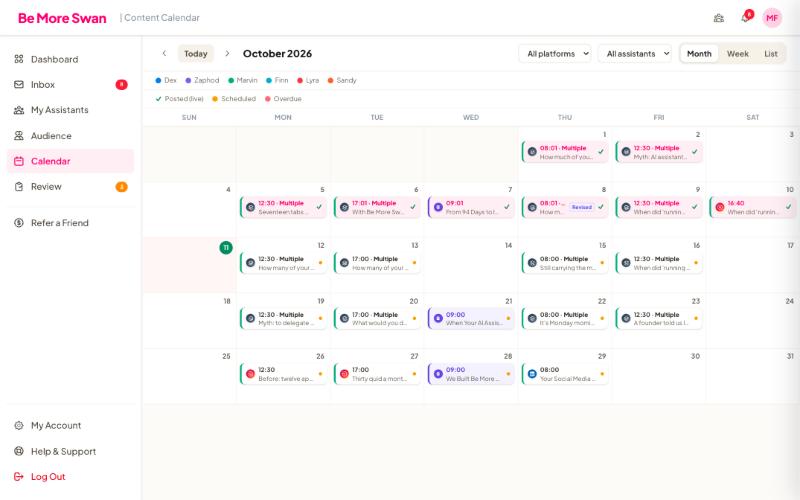 A month of scheduled social posts on the content calendar