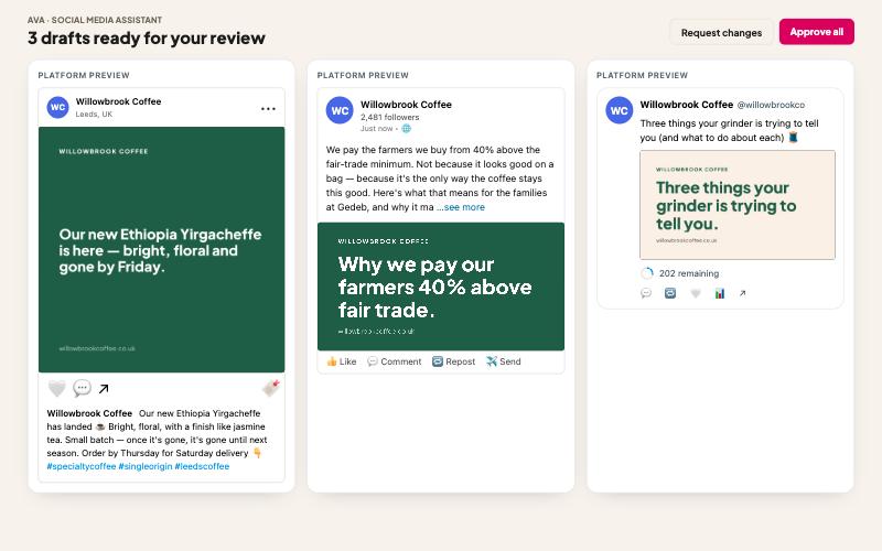 Three social media drafts shown as they will appear on each platform, waiting for approval