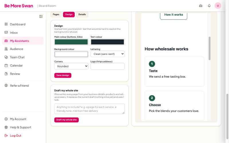 The Website Assistant's design settings beside a live preview of a coffee roaster's website