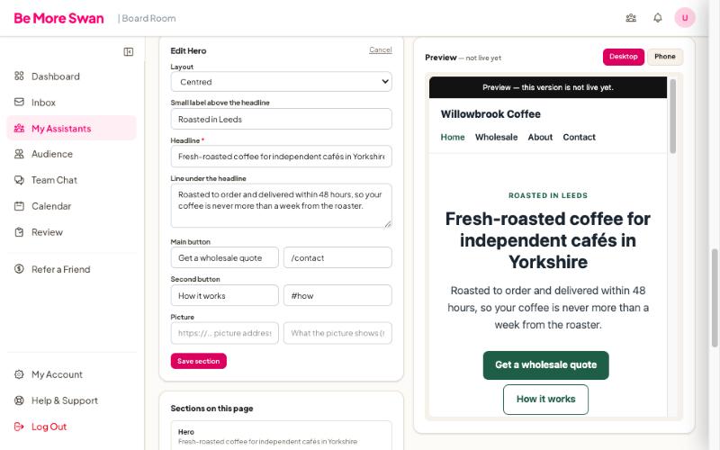Editing a section of a website page in the Website Assistant