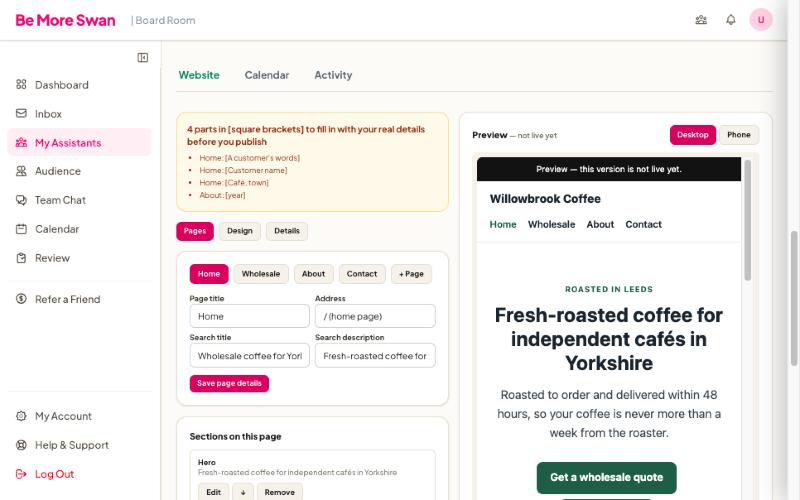 The website editor listing four placeholders to fill in, beside a live preview of the home page